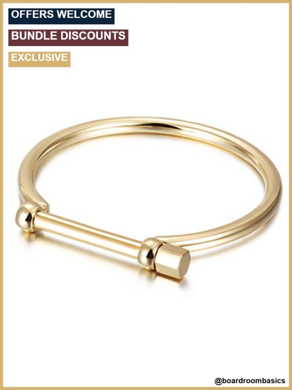 18K Gold Bar Screw Cuff Bangle Bracelet 316L Stainless Steel